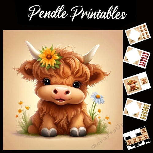 Cute Baby Bull With Flower 7x7 Card Kit. Matching Box, Gift Bauble, Tag.