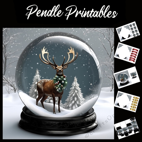 Stunning Christmas Globe Stag 7x7 card kit. Matching Box, Gift Bauble,Tag.