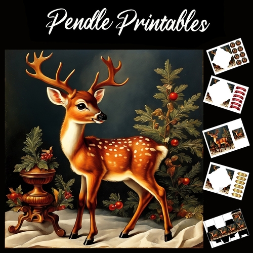 Stunning Christmas Stag 7x7 Card Kit. Matching Box, Gift Bauble, Tag.