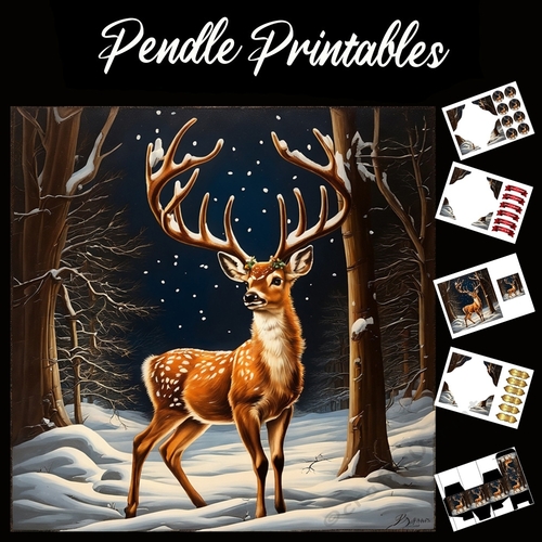 Stunning Christmas Stag 7x7 Card Kit. Matching Box, Gift Bauble, Tag.