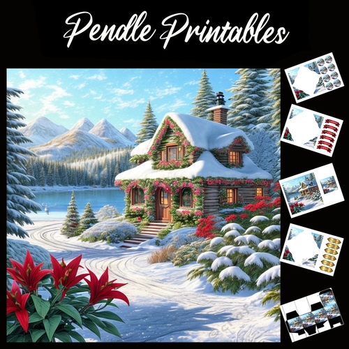 The Christmas Flower Cabin 7x7 Card Kit. Matching Box, Gift Bauble,Tag