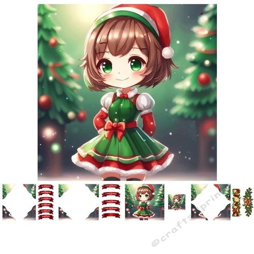 7x7 card kit 3D Corner Decoupage With Greeting Labels Christmas Anime Style Girl