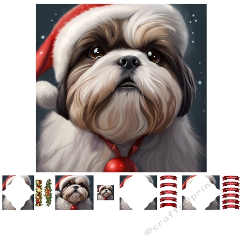 Its A Shitzu Christmas 7x7 Card kit 3D Corner Decoupage With Greeting Labels 