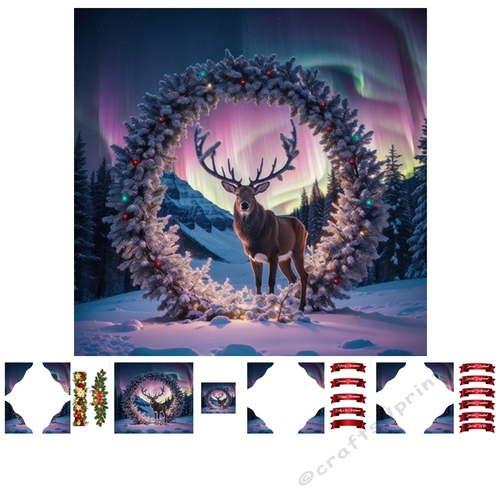 Northern Lights Stag 7x7 Card kit 3D Corner Decoupage With Greeting Labels 