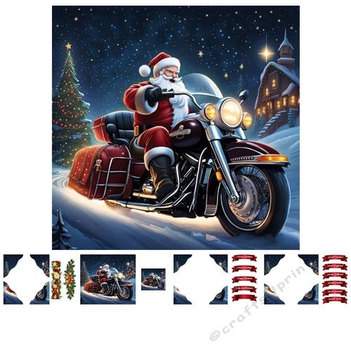 Santa Rider 7x7 Card kit 3D Corner Decoupage With Greeting Labels 