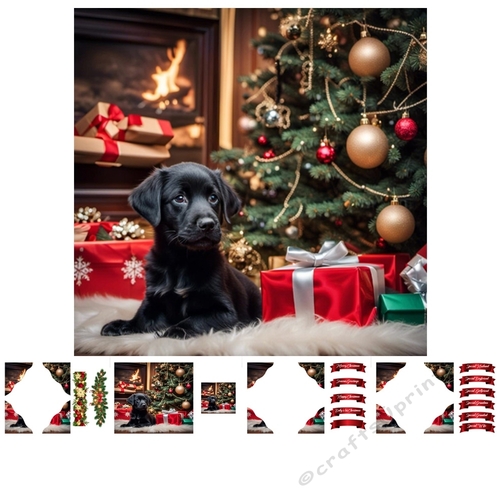 Black Labradors Christmas 02 7x7 Card kit 3D Corner Decoupage With Greeting Labels 