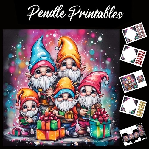Gnome Family 7x7 Card Kit. Matching Box, Gift Bauble,Tag