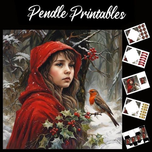 Red Riding And The Robin 7x7 Card Kit. Matching Box, Gift Bauble,Tag