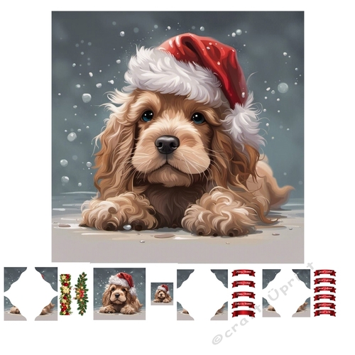 A Christmas Spaniel 7x7 Card kit 3D Corner Decoupage With Greeting Labels 