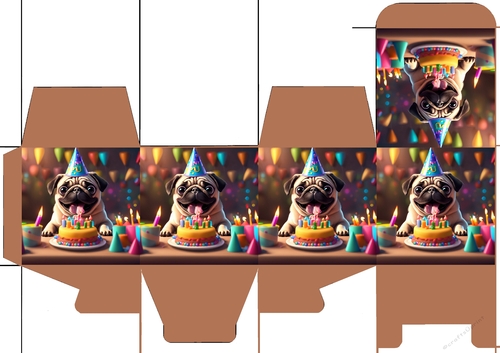 Pug birthday scene scene a4 printable Gift box. 31