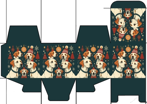 Retro christmas dog scene a4 printable Gift box. 31