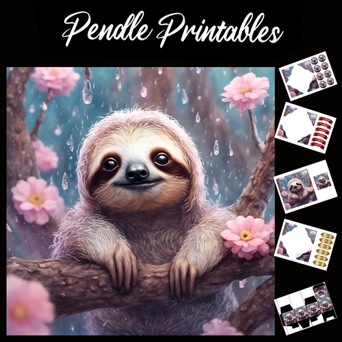 The Happy Raindrops Sloth 7x7 Card Kit. Matching Box, Gift Bauble, Tag.