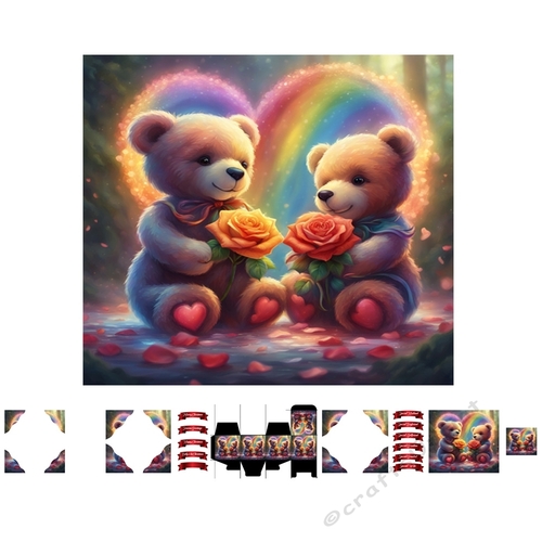 Two Rainbow Teddy Bears Under Rainbow Arch 7x7 Card kit 3D Corner Decoupage With Greeting Labels And Gift Box