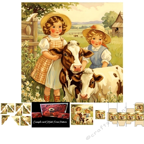 The milk girls . 7x7 Card kit 3D Corner Decoupage, matching gift box and tag