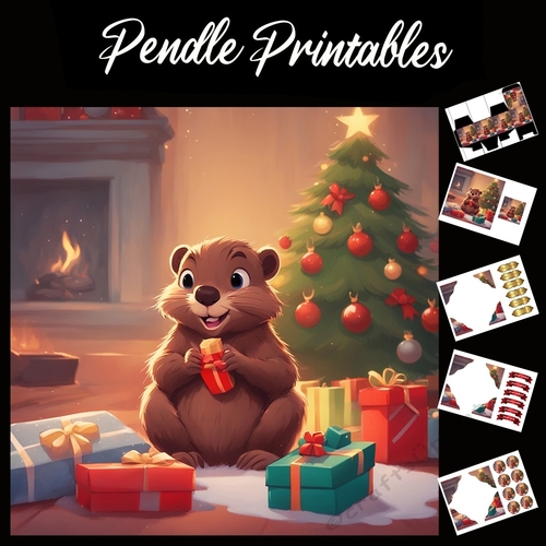 Baby Beaver Christmas 7x7 card kit. Matching Box, Gift Bauble,Tag.