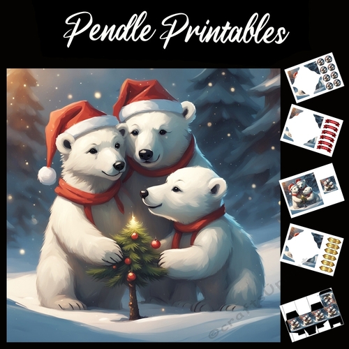 Polar Bears Family Christmas Tree 7x7 card kit. Matching Box, Gift Bauble,Tag.