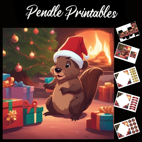 Santa Beaver 7x7 card kit. Matching Box, Gift Bauble,Tag.
