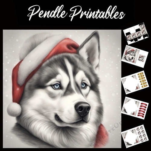 The Happy Husky 7x7 card kit. Matching Box, Gift Bauble,Tag.