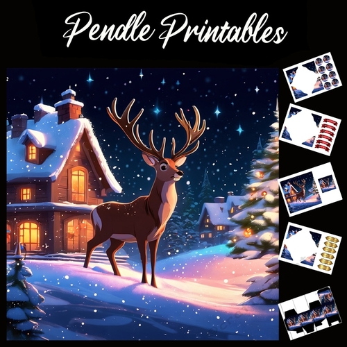 The Village Christmas Stag 7x7 Card kit. Matching Box, Gift Bauble, Tag.