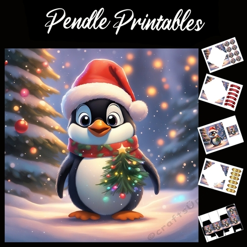The Jolly Season Penguin 7x7 Card kit. Matching Box, Gift Bauble, Tag.