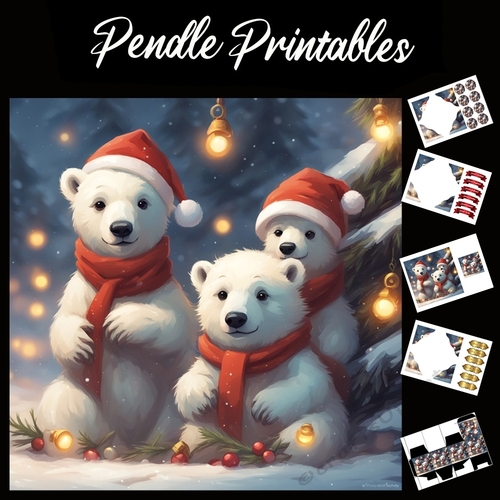 The Three Cute Polar Bears  7x7 Card Kit. Matching Box, Gift Bauble, Tag.