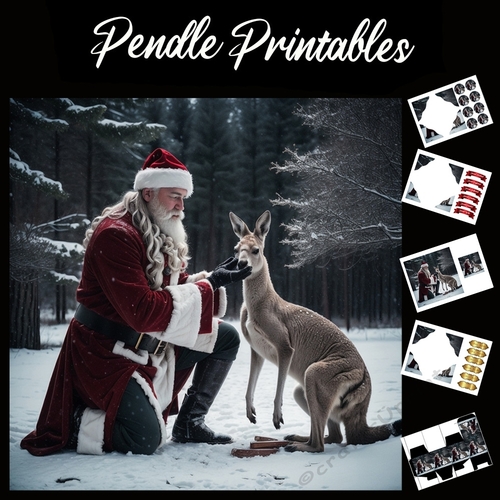 Santa And The Kangaroo  7x7 Card Kit. Matching Box, Gift Bauble, Tag.