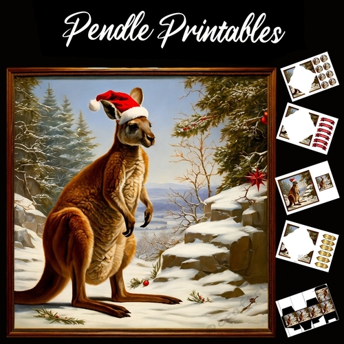An Aussie Christmas Kangaroo 7x7 Card Kit. Matching Box, Gift Bauble, Tag.