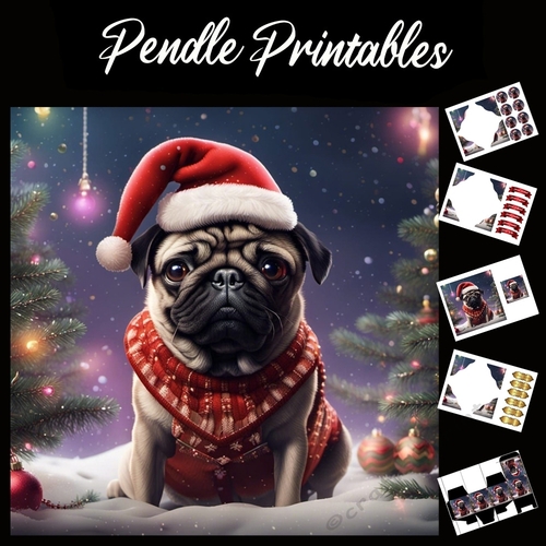Deck The Halls Pug  7x7 Card Kit. Matching Box, Gift Bauble, Tag.