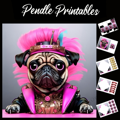 Pink Pug Punk 7x7 card kit. Matching Box, Gift Bauble,Tag.