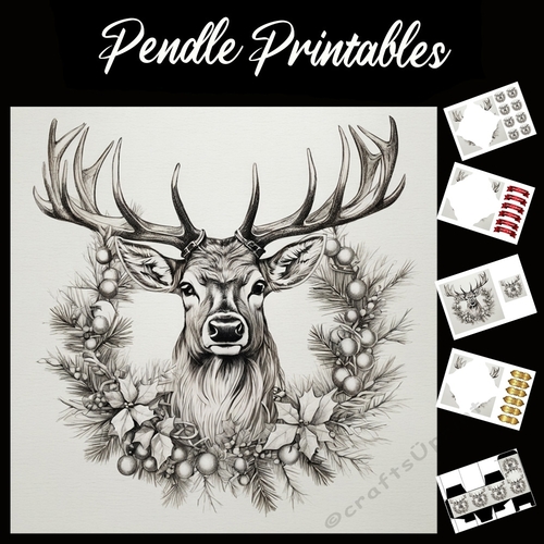 Pencil Sketch Of Stag In Wreath 7x7 Card Kit. Matching Box, Gift Bauble, Tag.