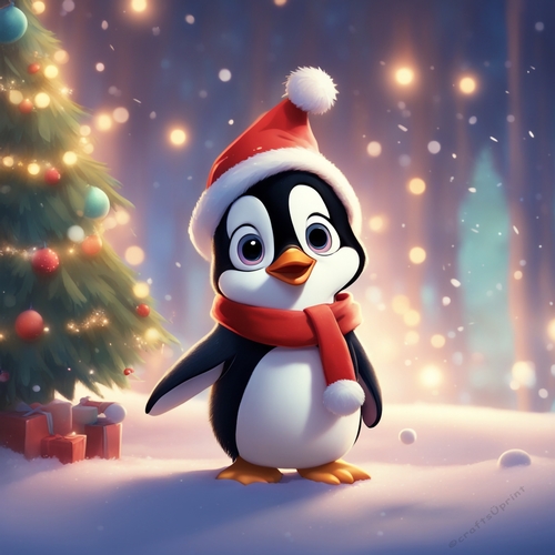 Excited Penguin 7x7 Card Kit. Matching Box, Gift Bauble, Tag.