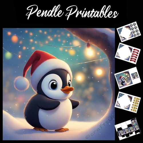 Walk This Way Penguin 7x7 Card Kit. Matching Box, Gift Bauble, Tag.