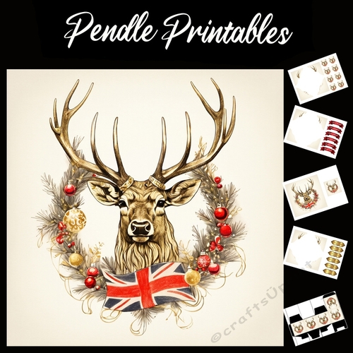 Merry Christmas From The UK Stag 7x7 Card Kit. Matching Box, Gift Bauble, Tag.