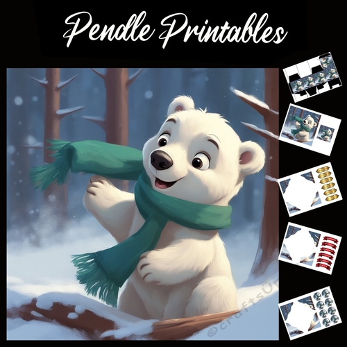 Its Windy. Polar Bear Card. 7x7 card kit. Matching Box, Gift Bauble,Tag.