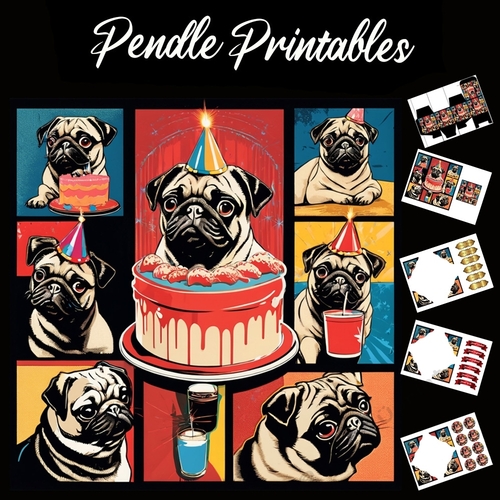 Pug Party . Pug Card. 7x7 card kit. Matching Box, Gift Bauble,Tag.