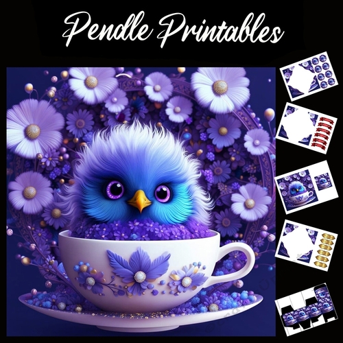 The Purple Teacup Party Chick 7x7 Card Kit. Matching Box, Gift Bauble, Tag.