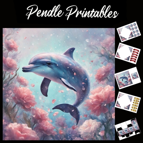 The Happy Dolphin 7x7 Card Kit. Matching Box, Gift Bauble, Tag.