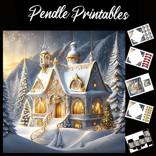The Golden Ornate Christmas House 7x7 Card Kit. Matching Box, Gift Bauble, Tag.