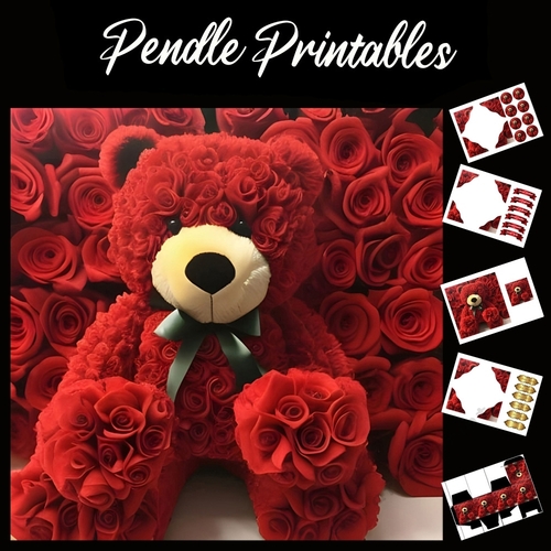 The Red Rose Teddy Bear 7x7 Card Kit. Matching Box, Gift Bauble, Tag.