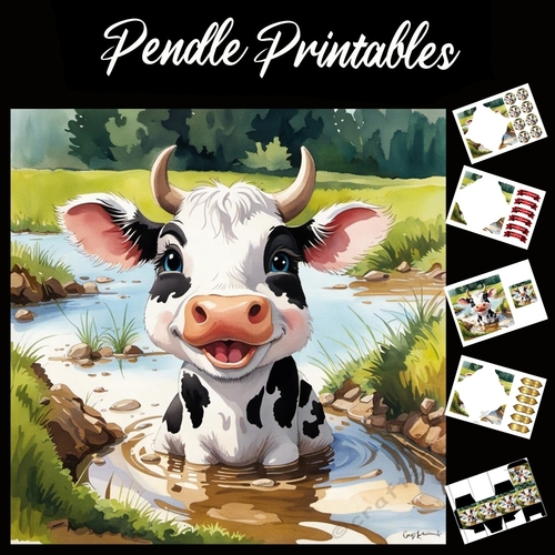 The Muddy Puddle Baby Cow 7x7 Card Kit. Matching Box, Gift Bauble, Tag.