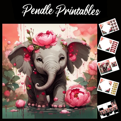 Nelly The Pink Flowers Elephant 7x7 Card Kit. Matching Box, Gift Bauble, Tag.