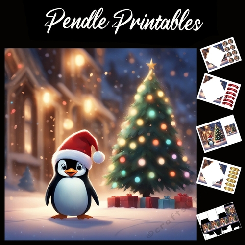 A Cute Penguins Christmas Tree 7x7 Card Kit. Matching Box, Gift Bauble, Tag.