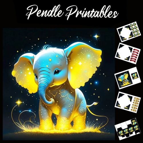 A Splash Of Magical Colour Cute Elephant 7x7 Card Kit. Matching Box, Gift Bauble, Tag.