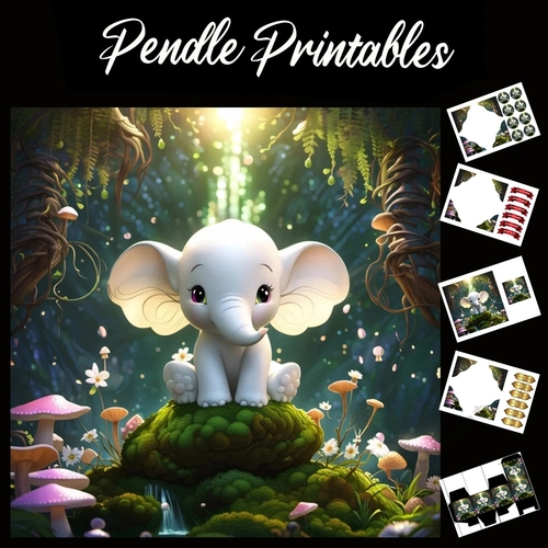 The Cute Flower Foot Elephant 7x7 Card Kit. Matching Box, Gift Bauble, Tag.