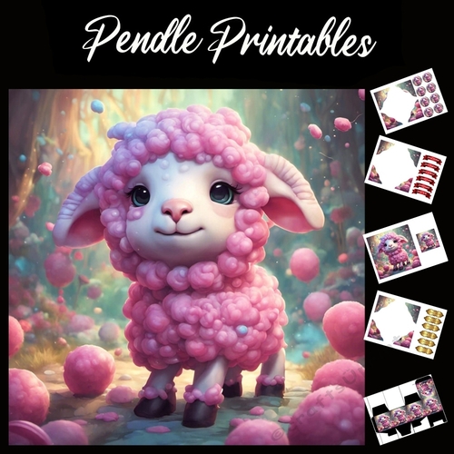 Pink Wooly Bubbly Lamb 7x7 Card Kit. Matching Box, Gift Bauble, Tag.