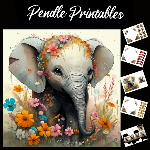 The Beautiful Flower Girl Elephant. 7x7 card kit. Matching Box, Gift Bauble, Tag