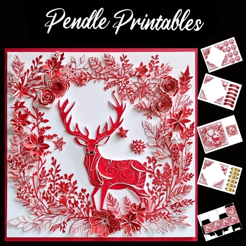 The Red Papercut Stag 7x7 card kit. Matching Box, Gift Bauble, Tag