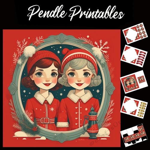 The Retro Girls 7x7 card kit. Matching Box, Gift Bauble, Tag