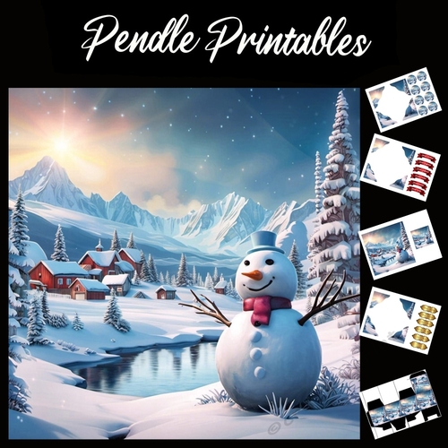 Snowman Lake Scene 7x7 card kit. Matching Box, Gift Bauble, Tag