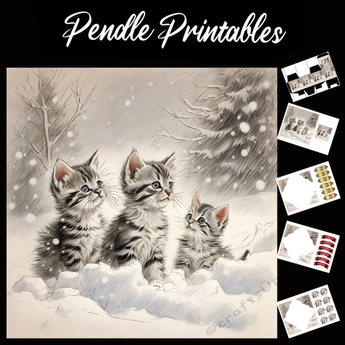 Playing In The Snow. Christmas Kitten Card. 7x7 card kit. Matching Box, Gift Bauble,Tag.